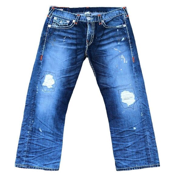 True Religion Jeans Size 38 RICKY SUPER T Blue Trashed Painter Denim - Picture 3 of 9